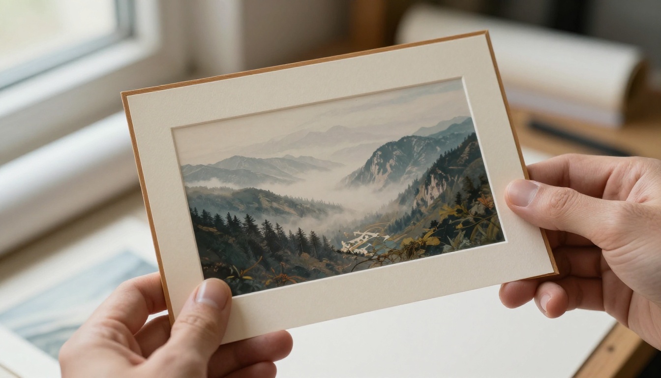 Hands holding a matted art print of a misty mountain valley, showing the paper texture and bevel edge