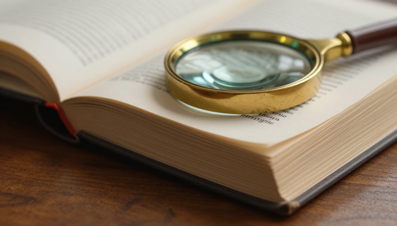 Open law book with a brass magnifying glass resting over the printed page
