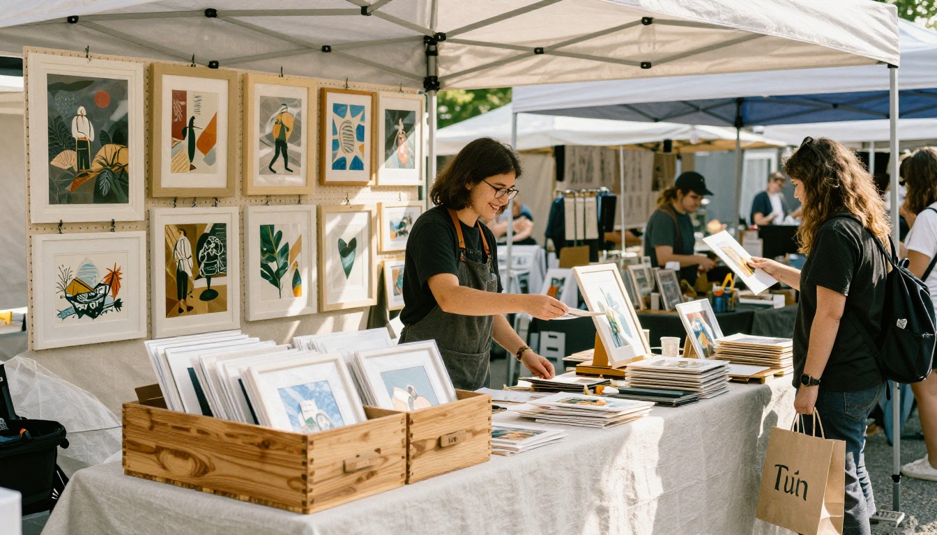 Vendor arranging unframed art prints in a wooden bin at a weekend craft fair stall while a shopper browses