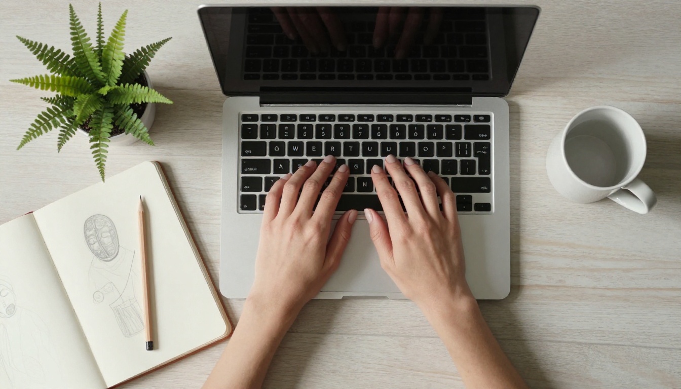 Overhead view of a woman's hands typing on a laptop beside an open pencil sketchbook