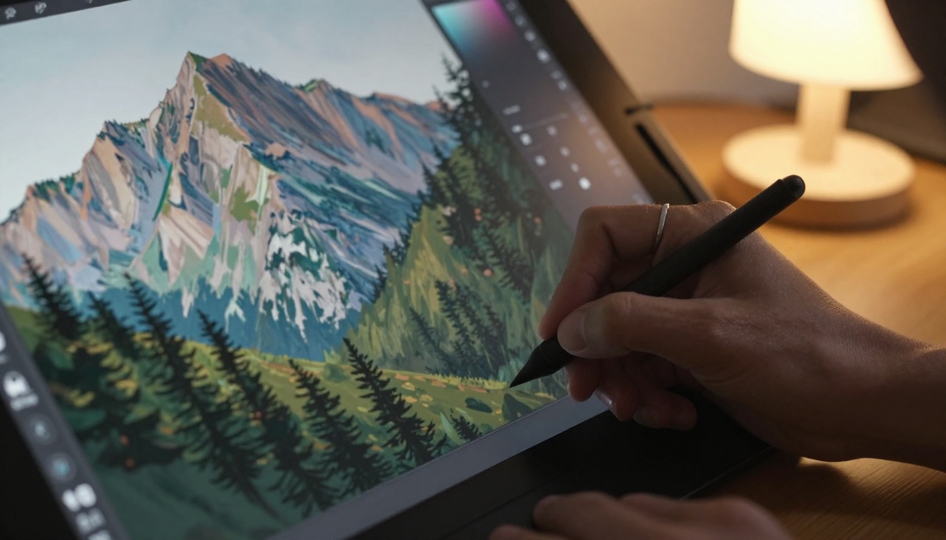 Digital artist's hand holding a stylus over a graphics tablet while editing a landscape
