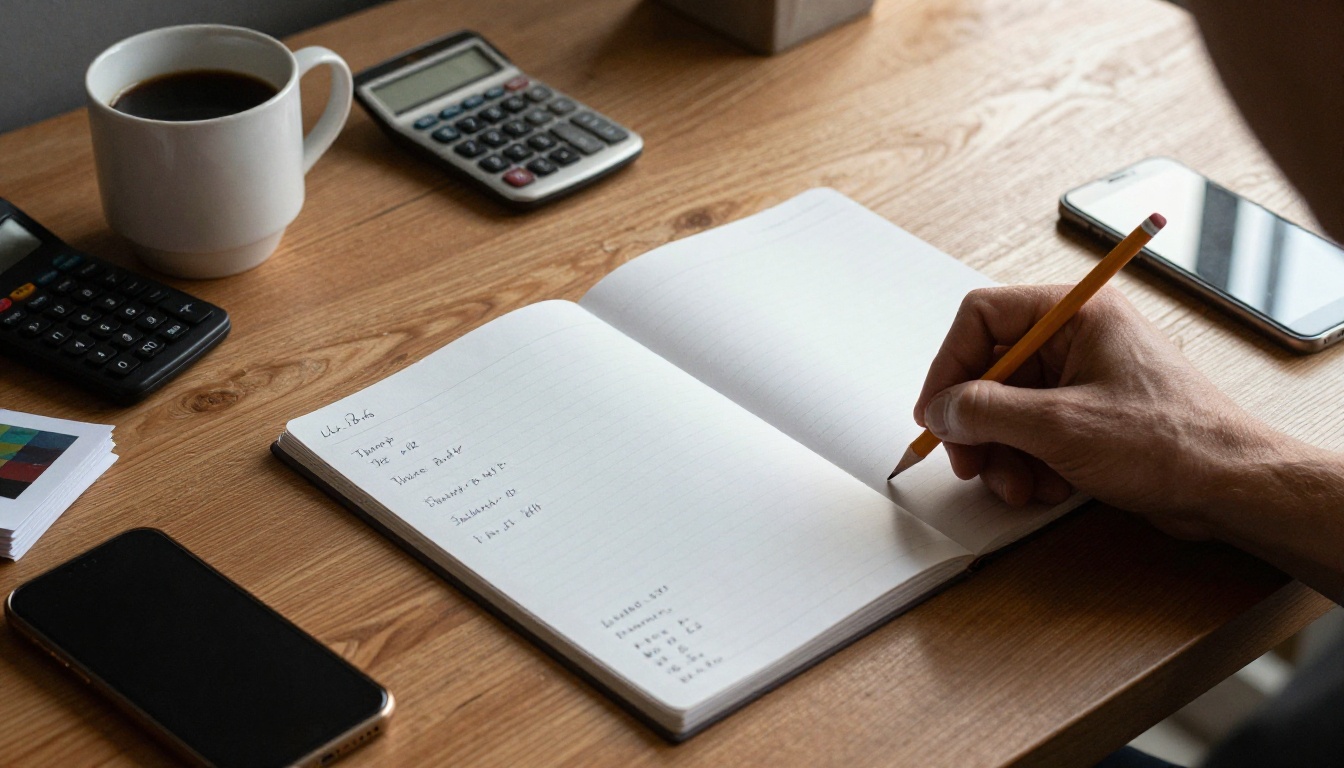 Home office desk with a planner, calculator, coffee and sample prints, a hand writing numbers with a pencil
