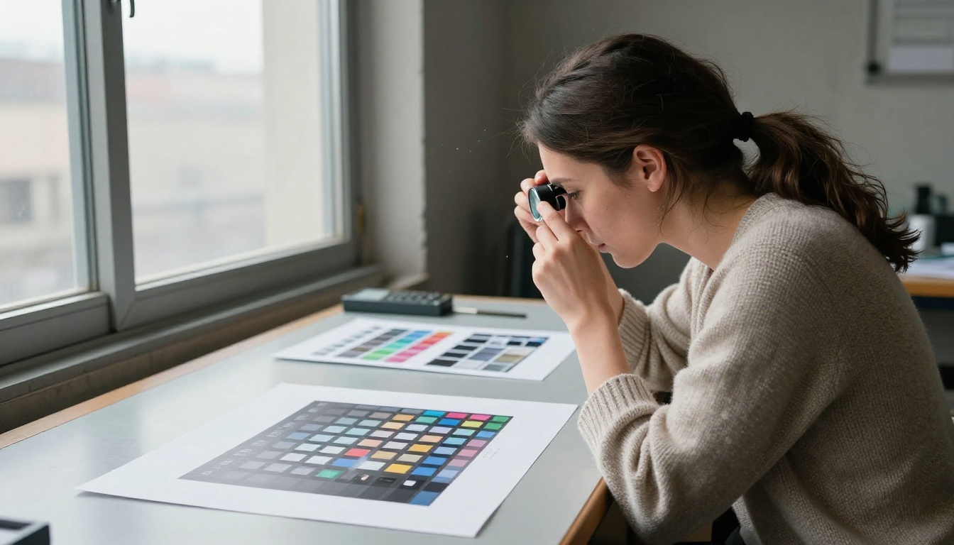 Woman inspecting a proof print through a jeweler's loupe beside a color checker card at a drafting table