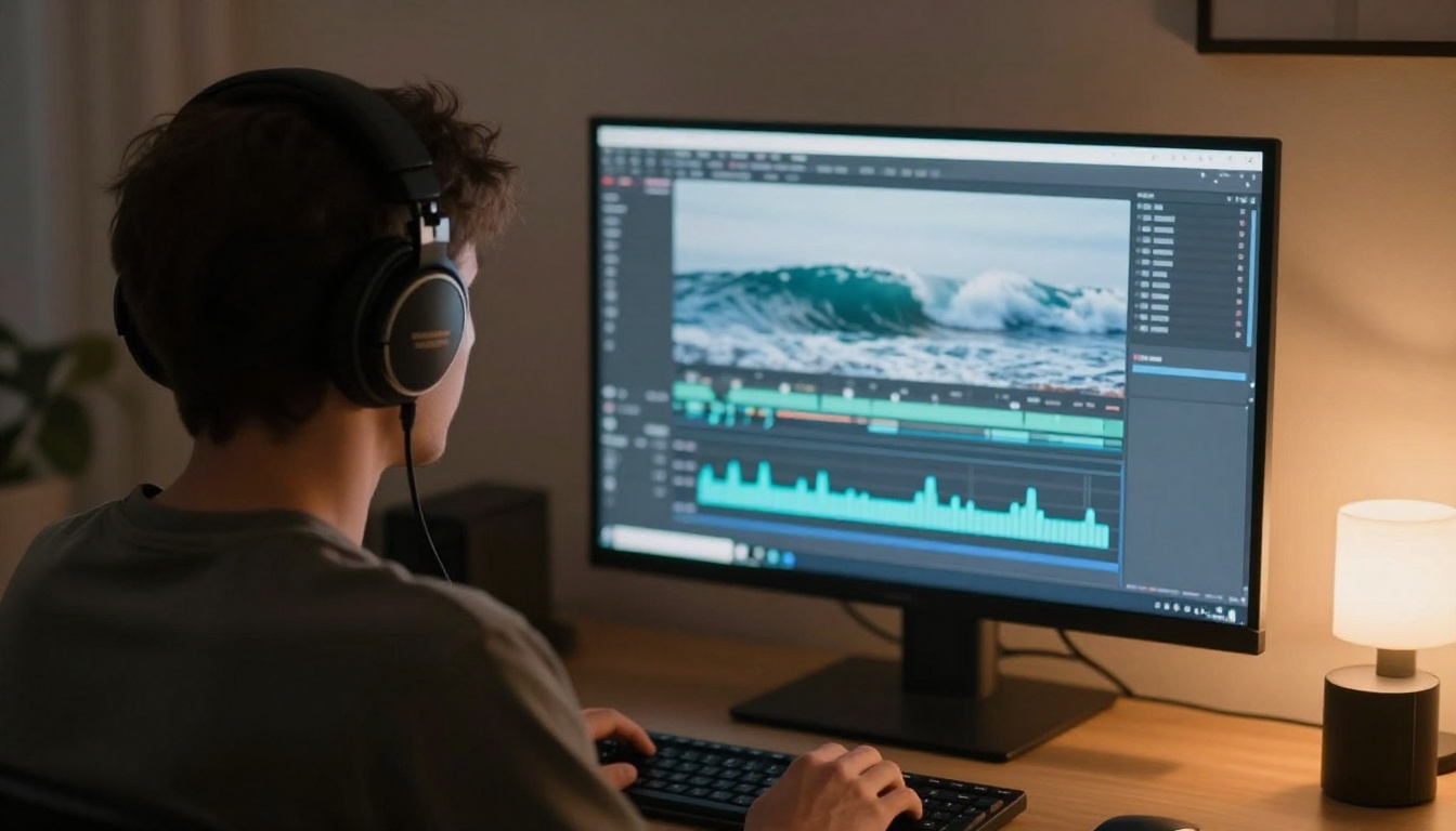 Creator in studio headphones at a monitor showing a video timeline with an ocean wave clip and an audio waveform