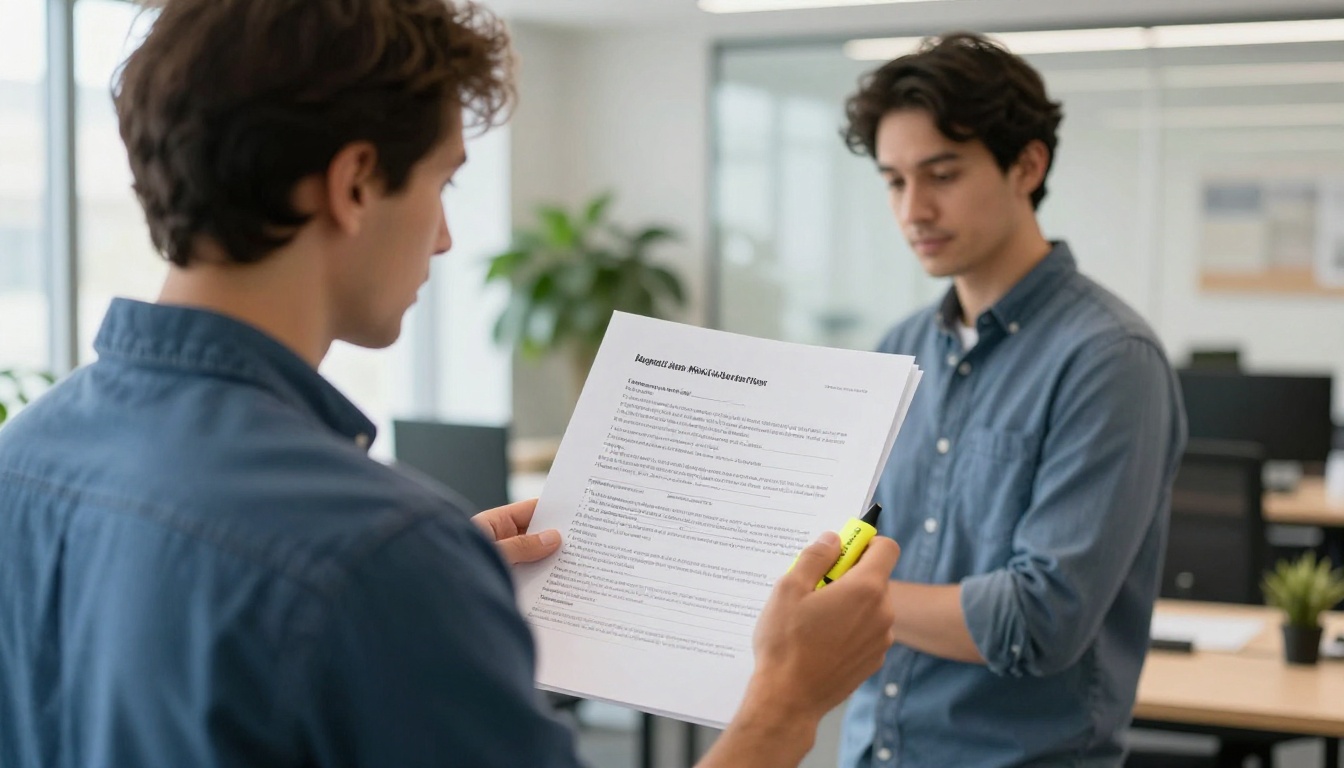 Man in a blue shirt reviewing a thick printed agreement with a yellow highlighter