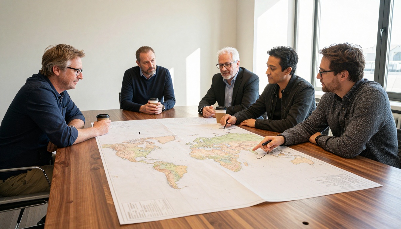 Four colleagues leaning over a conference table with a large printed paper world map spread across it