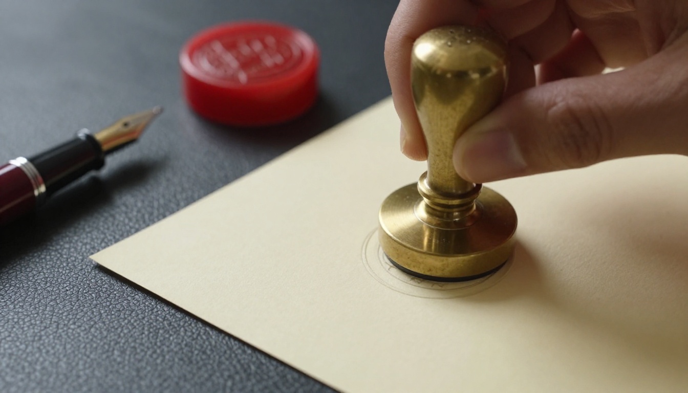 Brass notary seal press stamping an embossed seal into thick cream colored paper