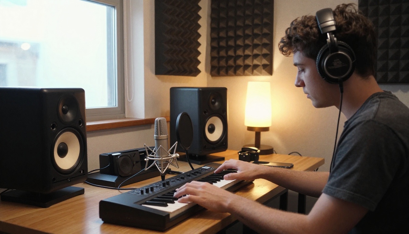 Young musician with headphones at a home recording desk with a synthesizer and microphone