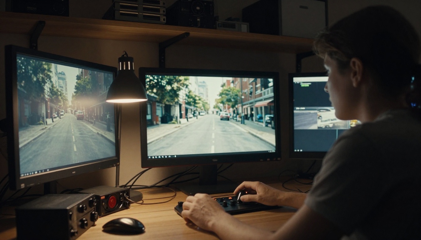 Filmmaker in a dim editing suite reviewing footage on two large monitors