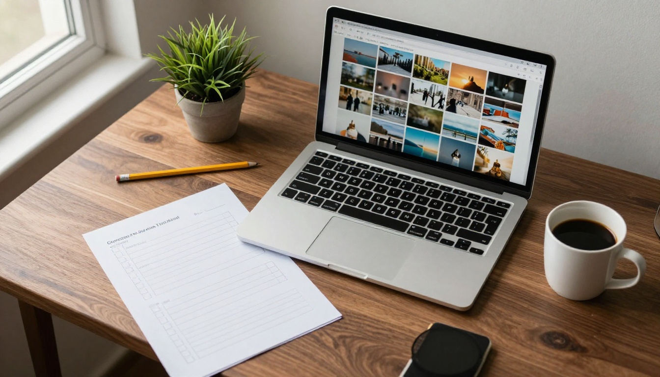 Overhead view of a walnut desk with a laptop showing a grid of photo thumbnails, a printed checklist and a coffee mug