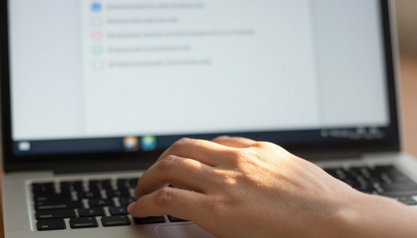 Low-angle view of a freelancer's hands on a laptop keyboard with a blurred upload form on the screen