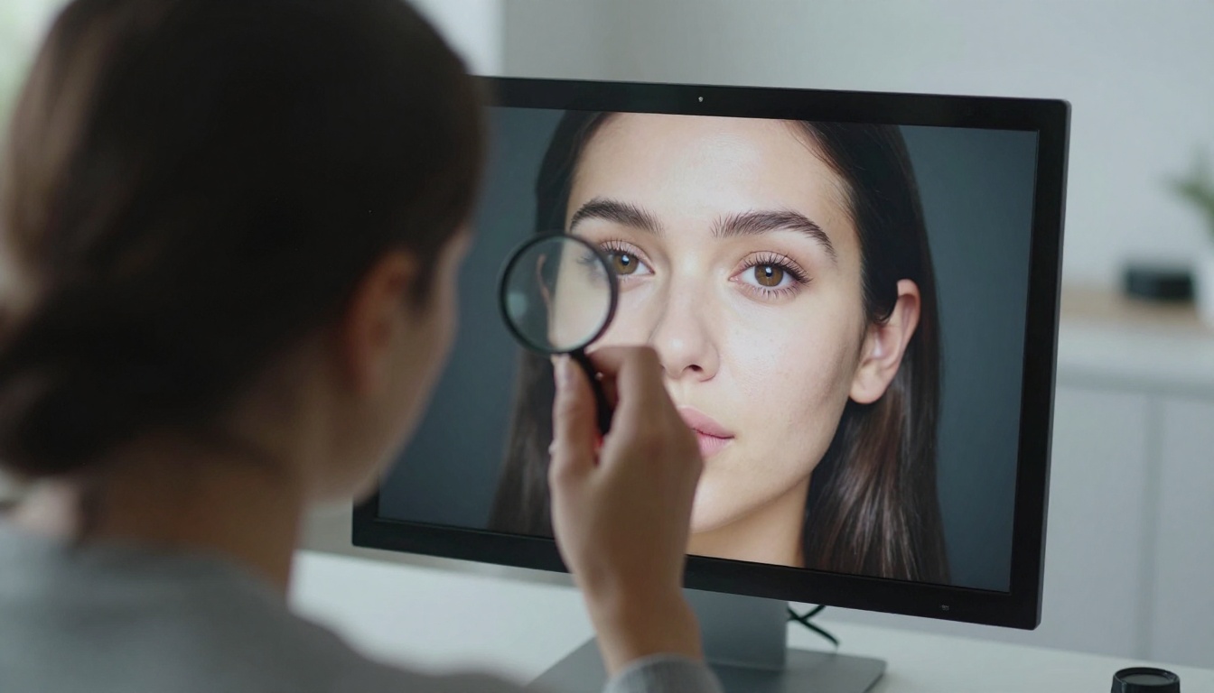 Over-the-shoulder view of a retoucher inspecting a portrait zoomed in to skin pores and eyelashes on a monitor