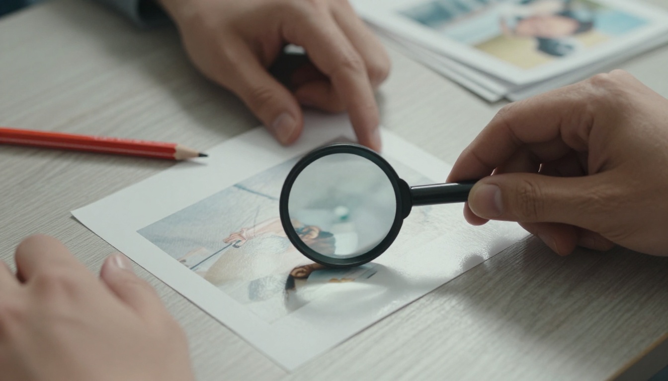 Hand holding a magnifying loupe over a printed photograph of two hands, with a red grease pencil beside it