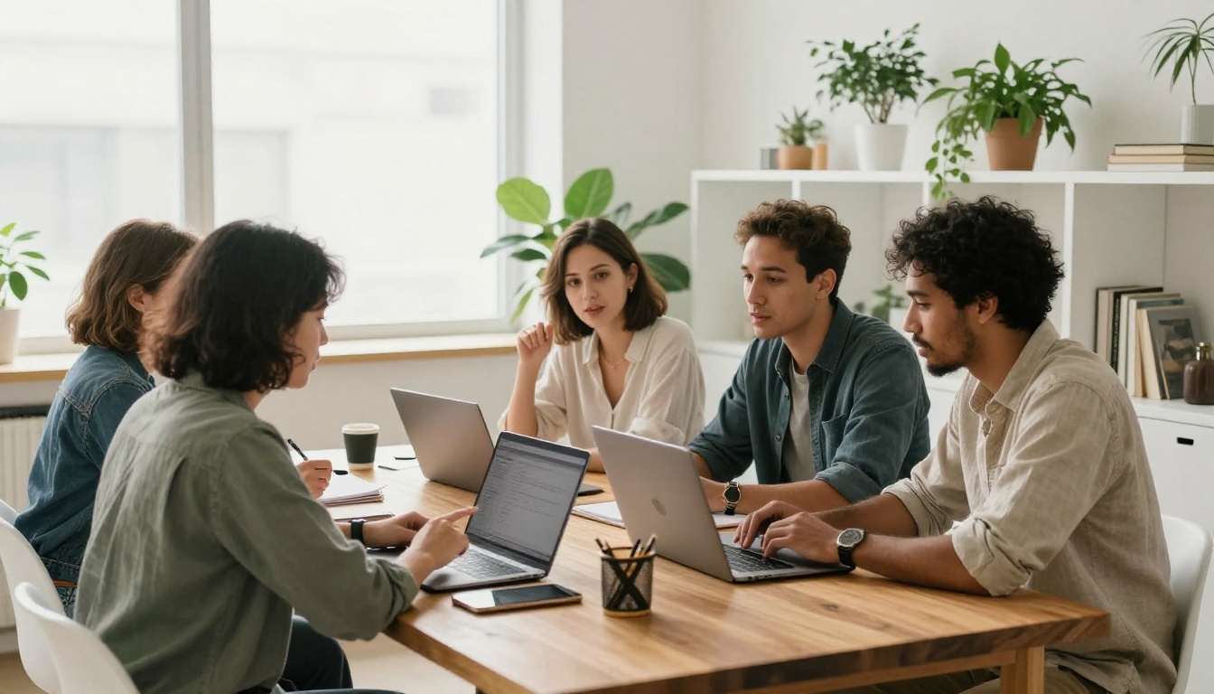 Five colleagues collaborating around a long oak table in a bright open office