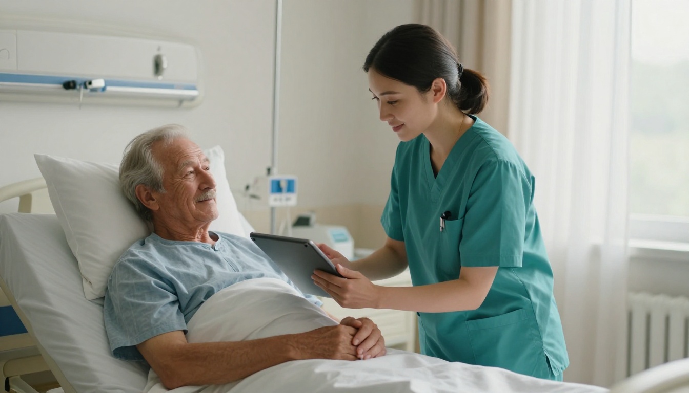 A nurse in teal scrubs showing a tablet to an elderly patient in a sunlit hospital room