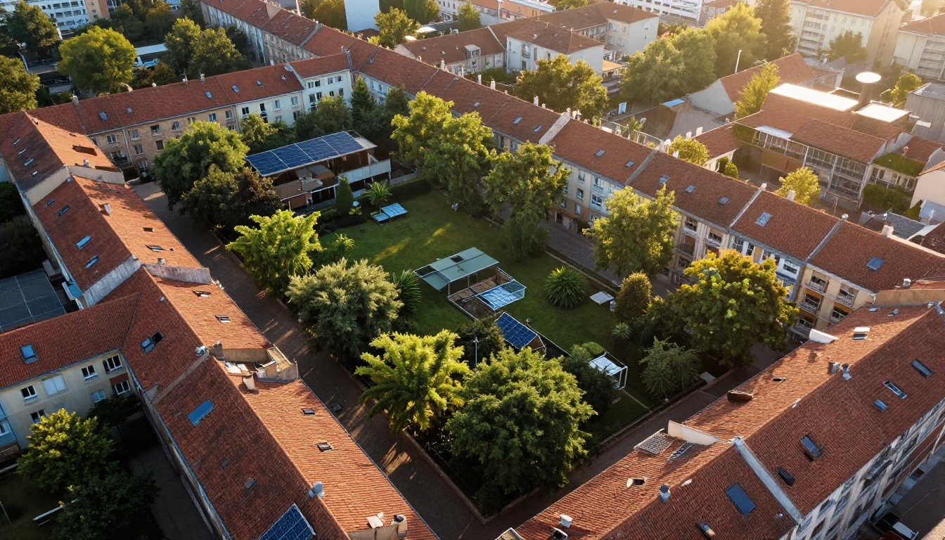 Aerial view of a European city block with green rooftop gardens and solar panels at golden hour