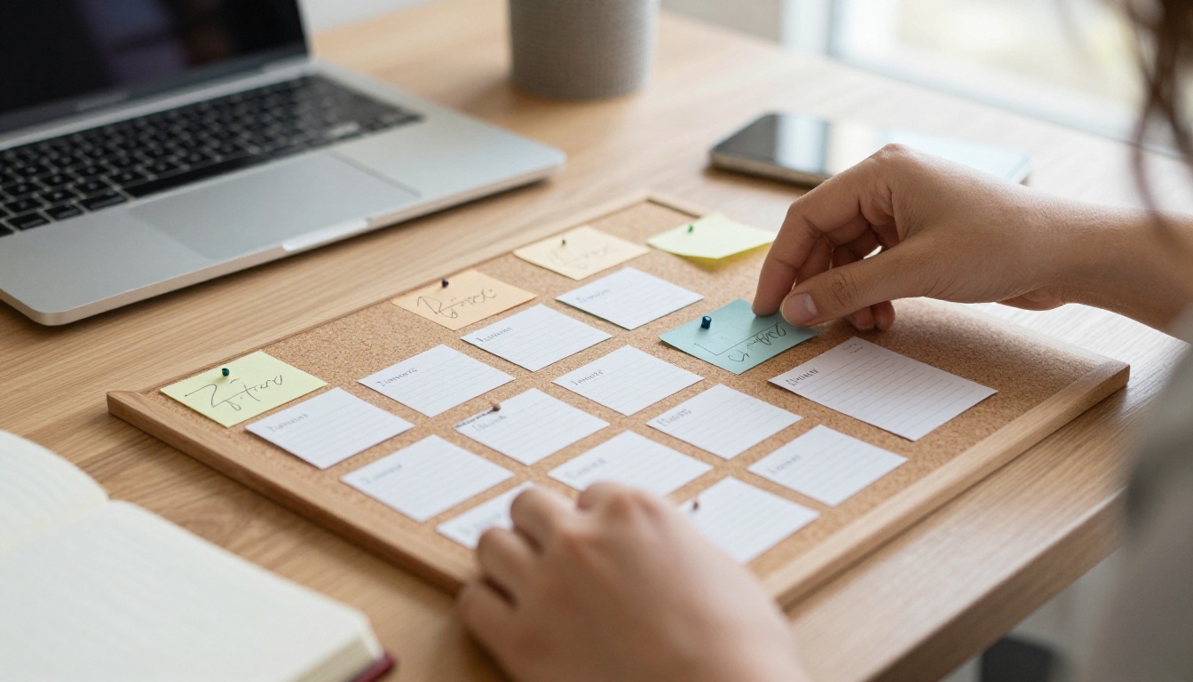 A hand arranging paper index cards and sticky notes on a corkboard above a desk