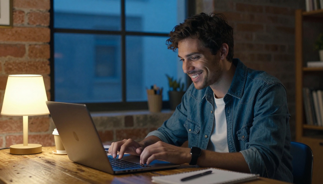 A smiling young man at a laptop in a brick loft studio at dusk with a warm lamp beside him