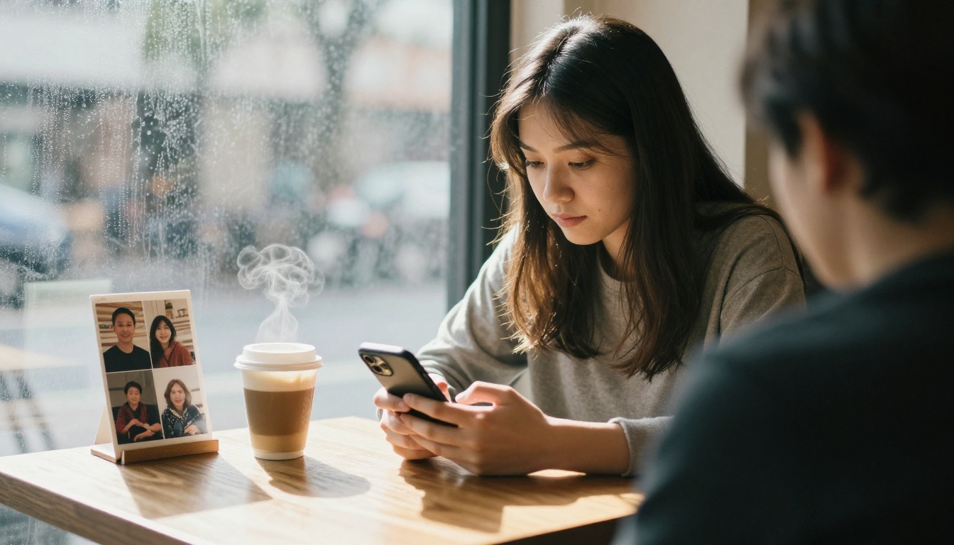 A young woman at a cafe window holding a smartphone beside a printed family photo