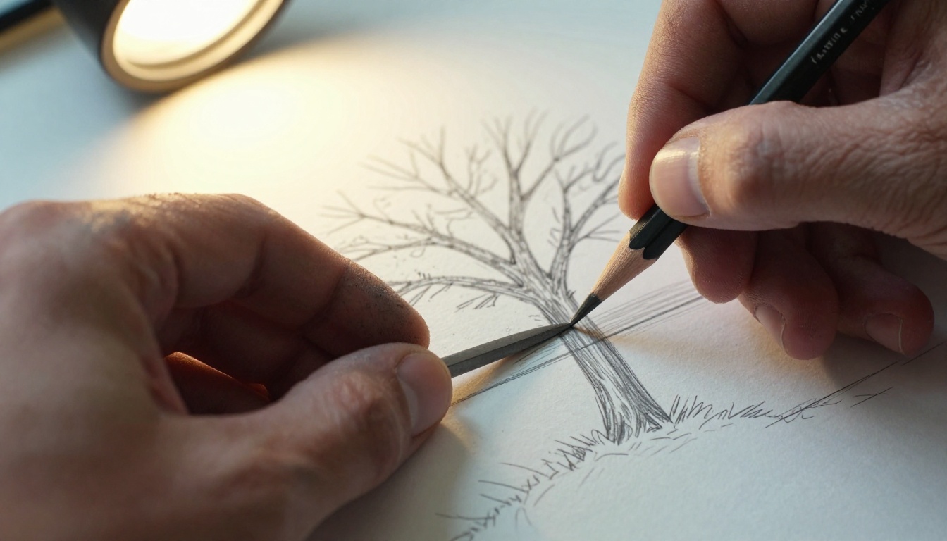 Close-up of a weathered hand holding a graphite pencil above hand-drawn animation paper