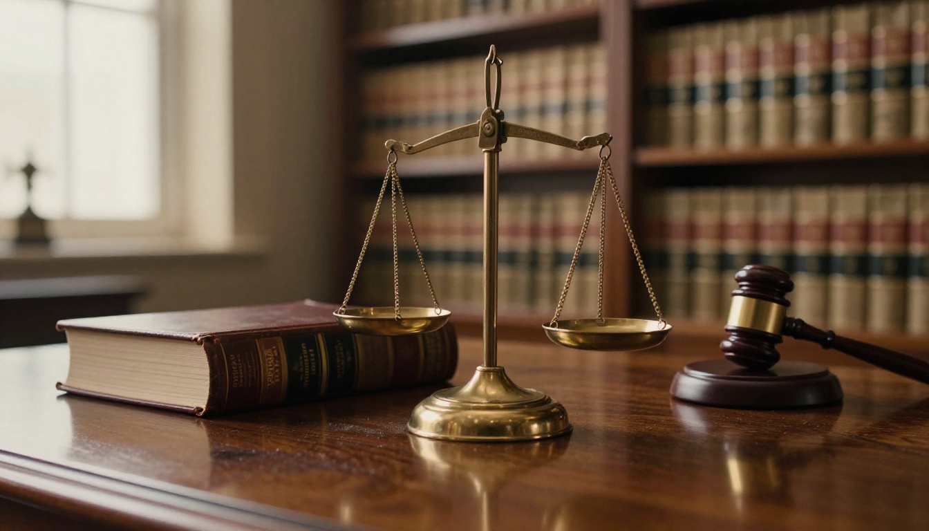 A brass scale of justice and a closed law book on a polished mahogany desk