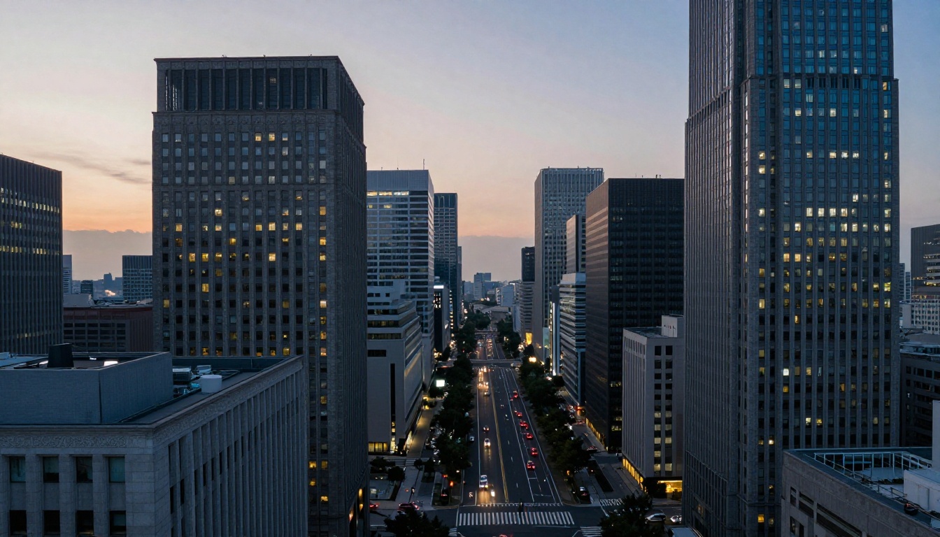 Aerial view of the Tokyo government district at blue hour