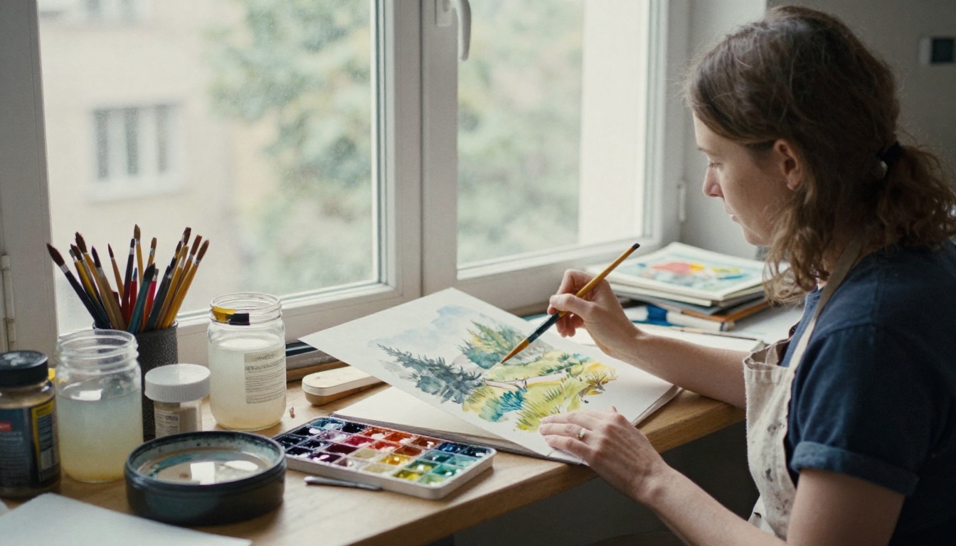 An illustrator painting a watercolor landscape beside a studio window