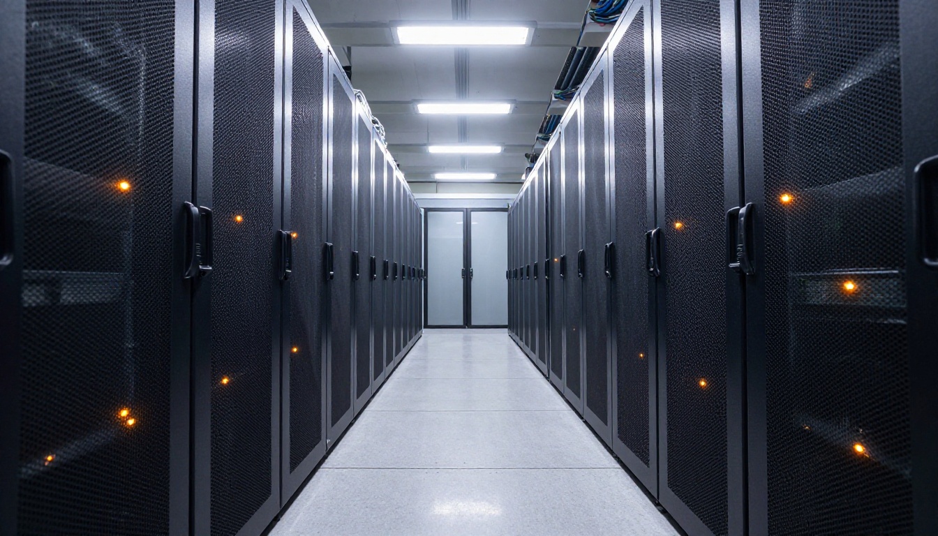 Rows of server racks along a data center aisle