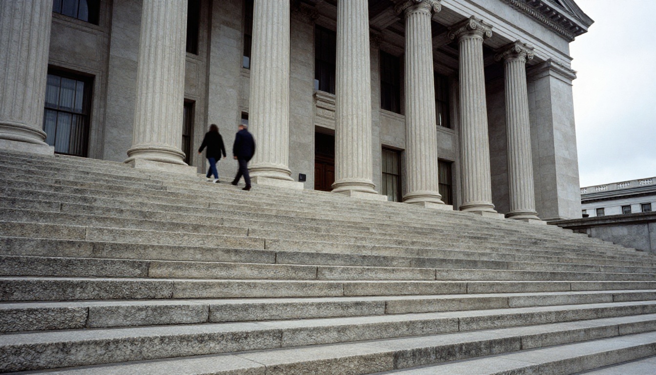 A neoclassical courthouse with tall stone columns and wide steps