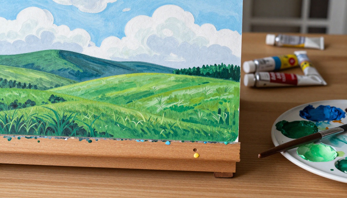 A hand-painted gouache hillside landscape on an easel with a wet brush and a ceramic palette