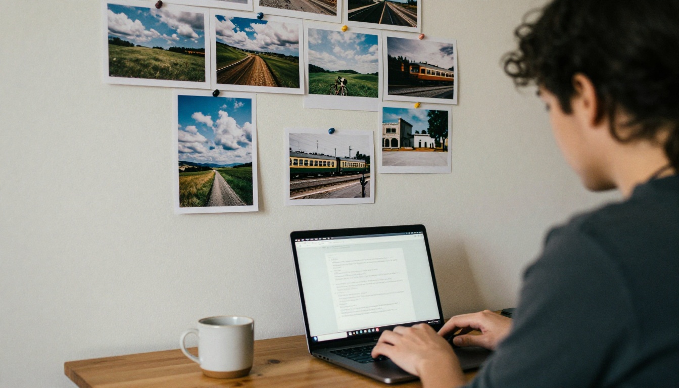 A designer building a mood board of printed photographs pinned to a cork wall