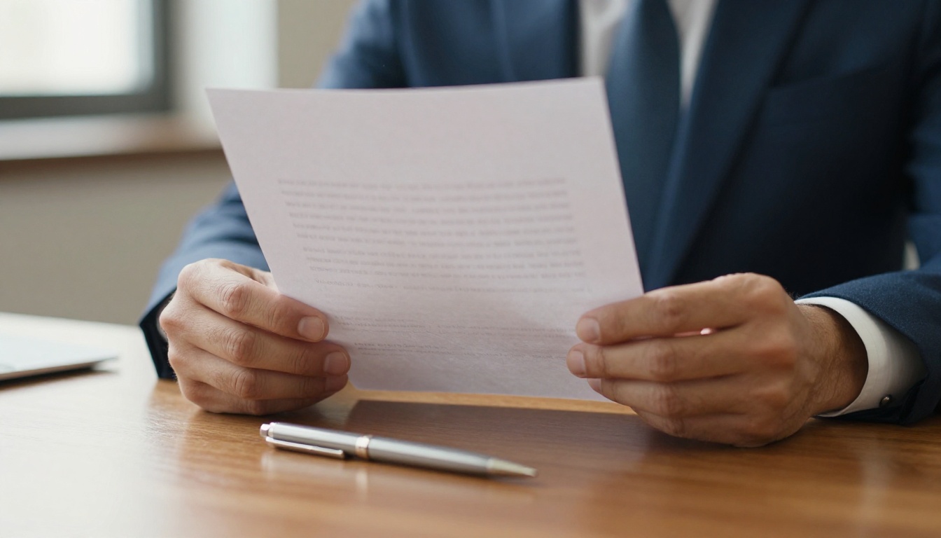 A lawyer in a navy suit reading a two page legal letter at a mahogany conference table