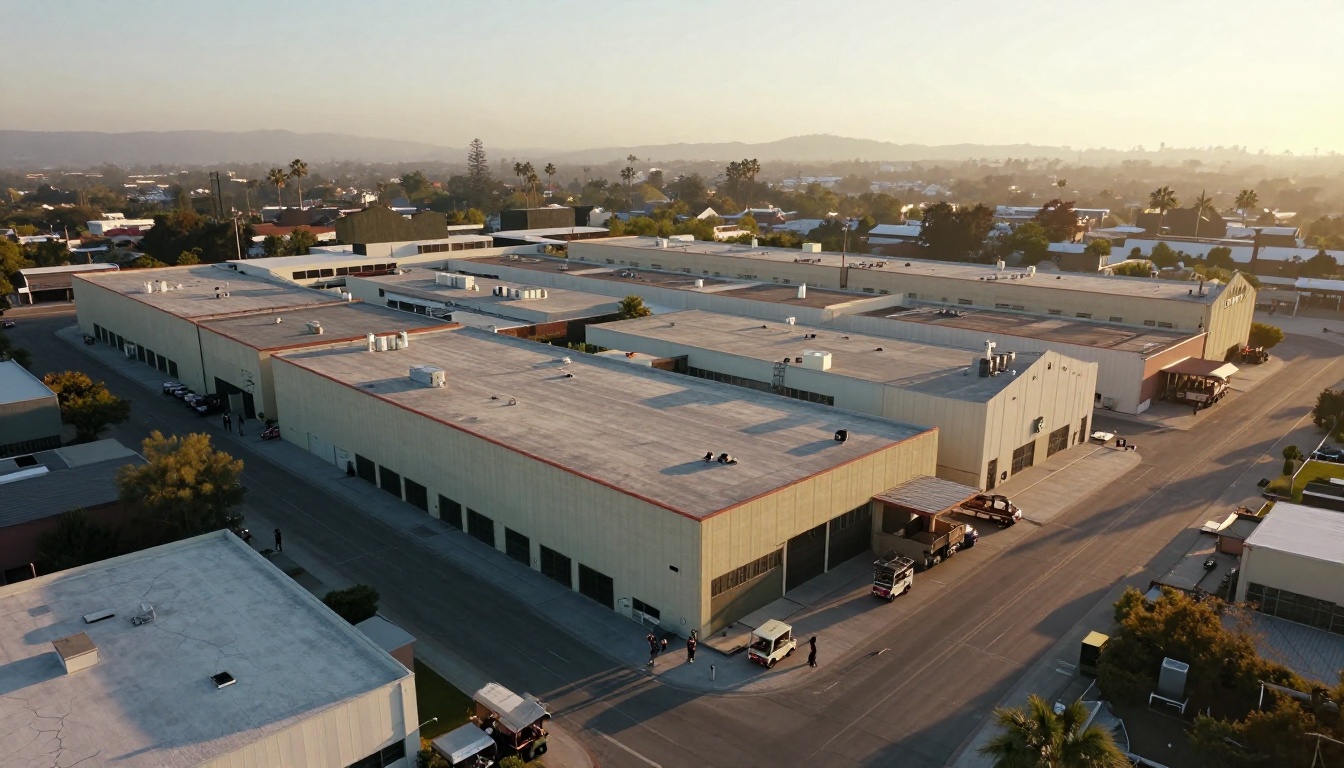 Aerial view of a Hollywood style film studio backlot at golden hour