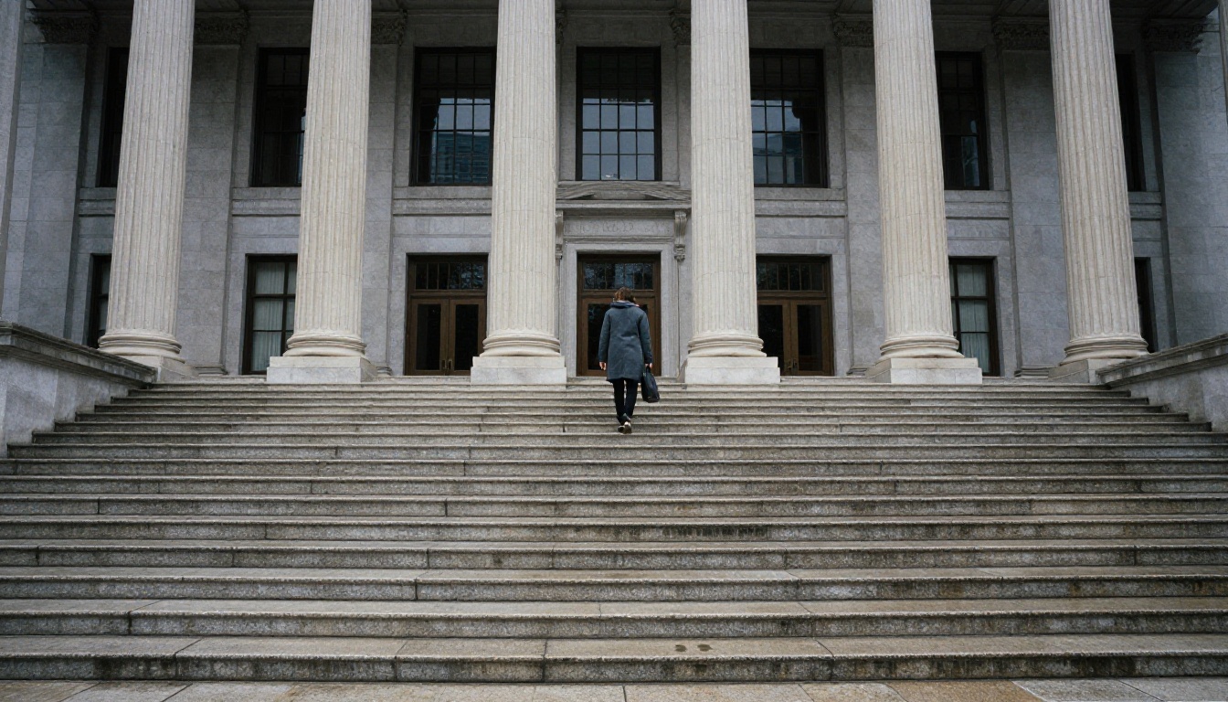 Low angle view of a neoclassical federal courthouse with a lone person climbing the steps