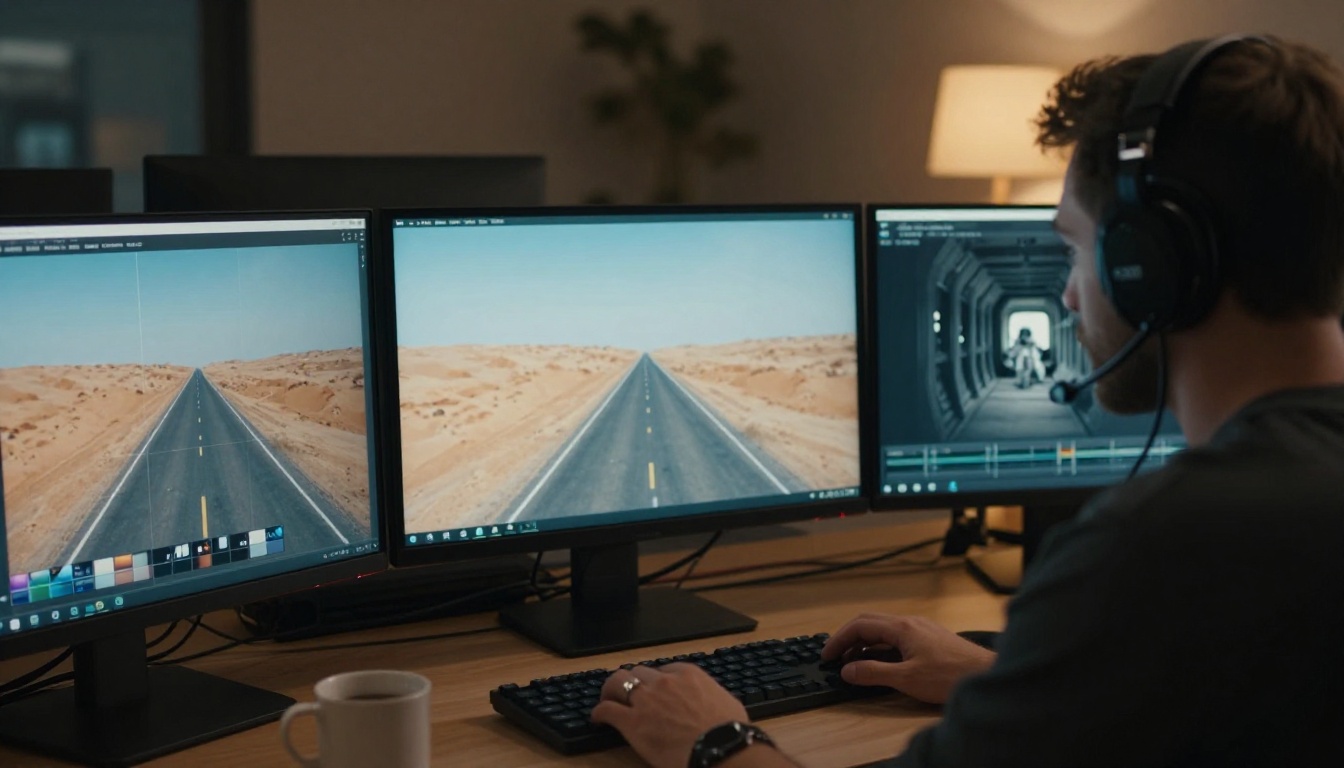 A video editor working in a dark post-production suite with two monitors