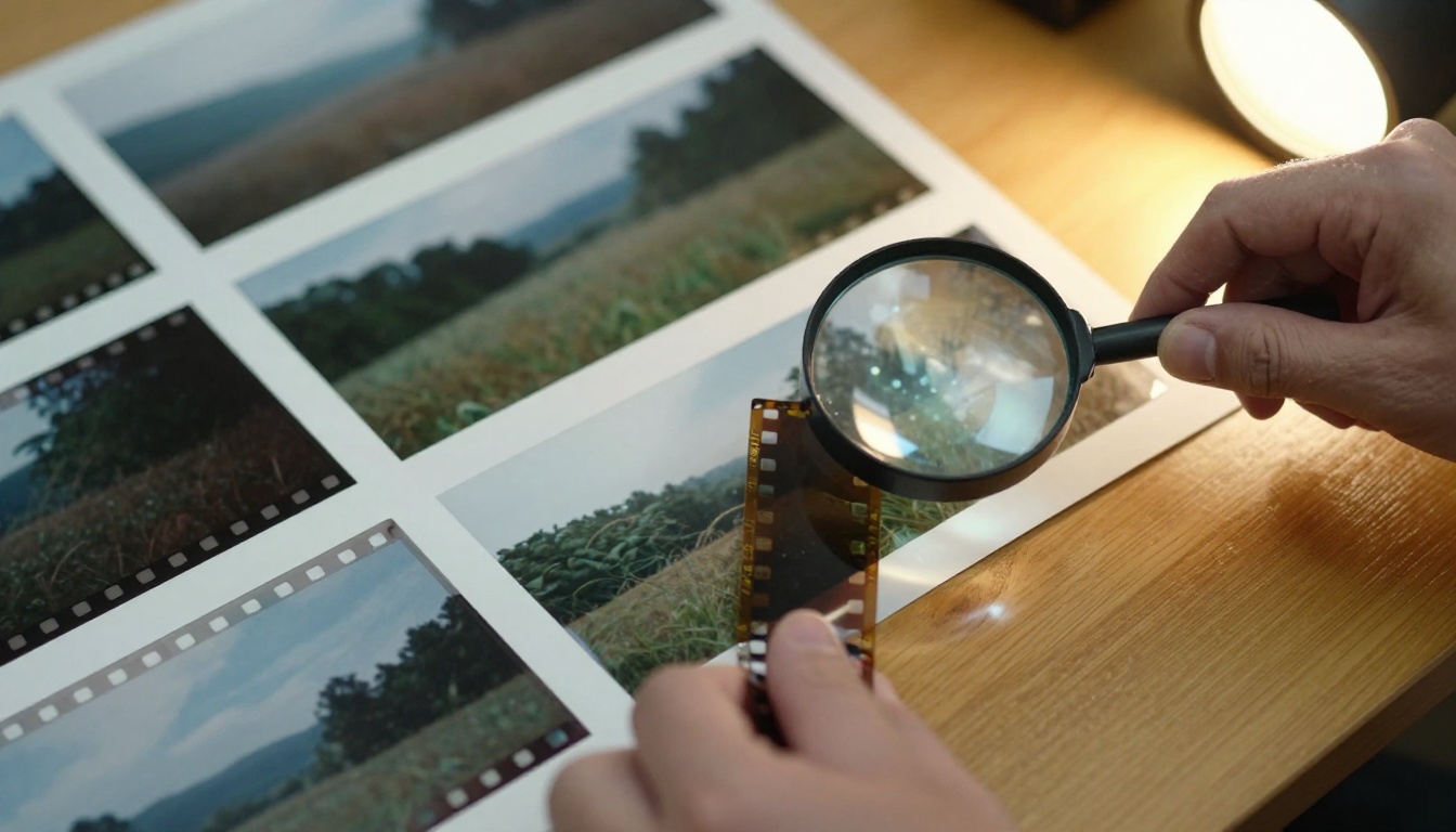 Macro view of film strips and contact sheets on a wooden table beside a light box