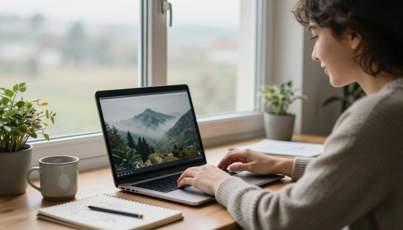 A young filmmaker working at a home studio desk beside a large window