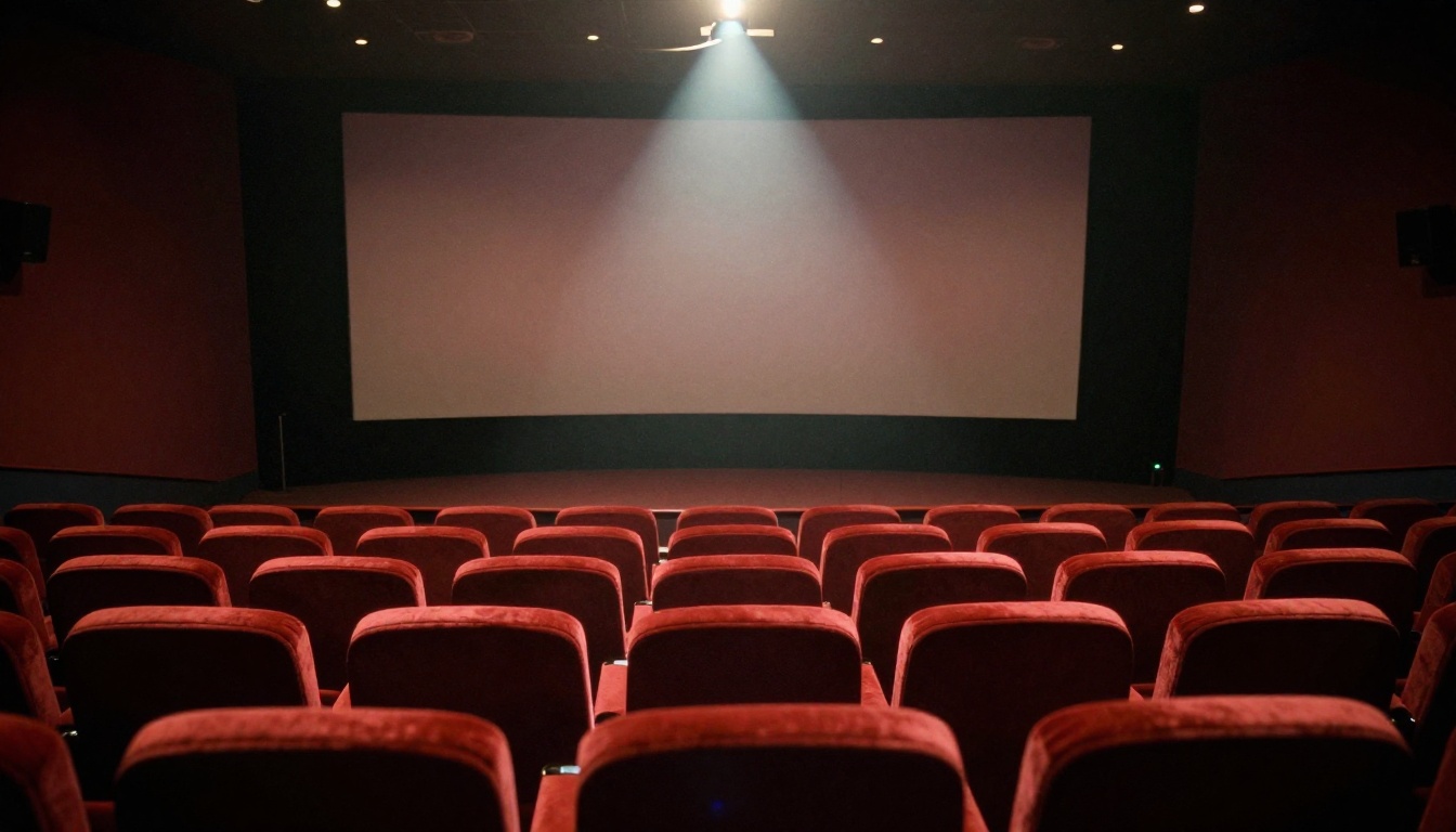 Rear view of an empty classic movie theater with a projector beam cutting through haze