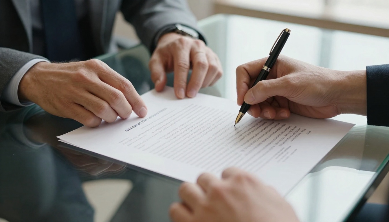 Two hands signing a licensing agreement at a glass conference table