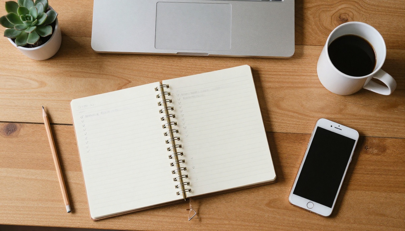 A tidy desk with a hand-written checklist in a spiral notebook