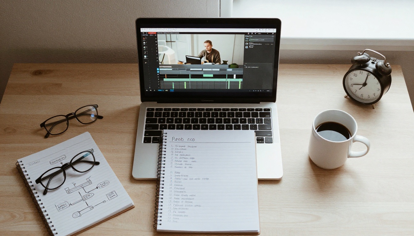 A creator's desk seen from above with a laptop showing a video timeline, a printed checklist with ticks and a hand-drawn flowchart