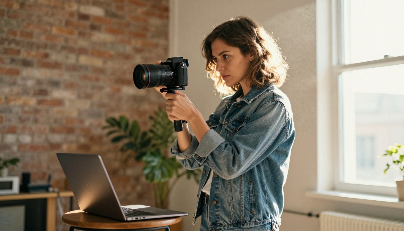 A woman in a denim jacket holding a camera on a gimbal in a bright loft with a laptop on a stool beside her