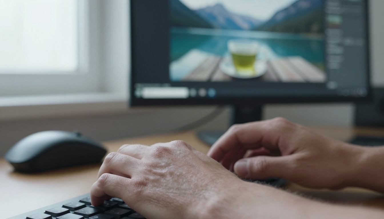 A man's hands resting on a laptop with a monitor in soft focus showing a paused video frame of a mountain lake
