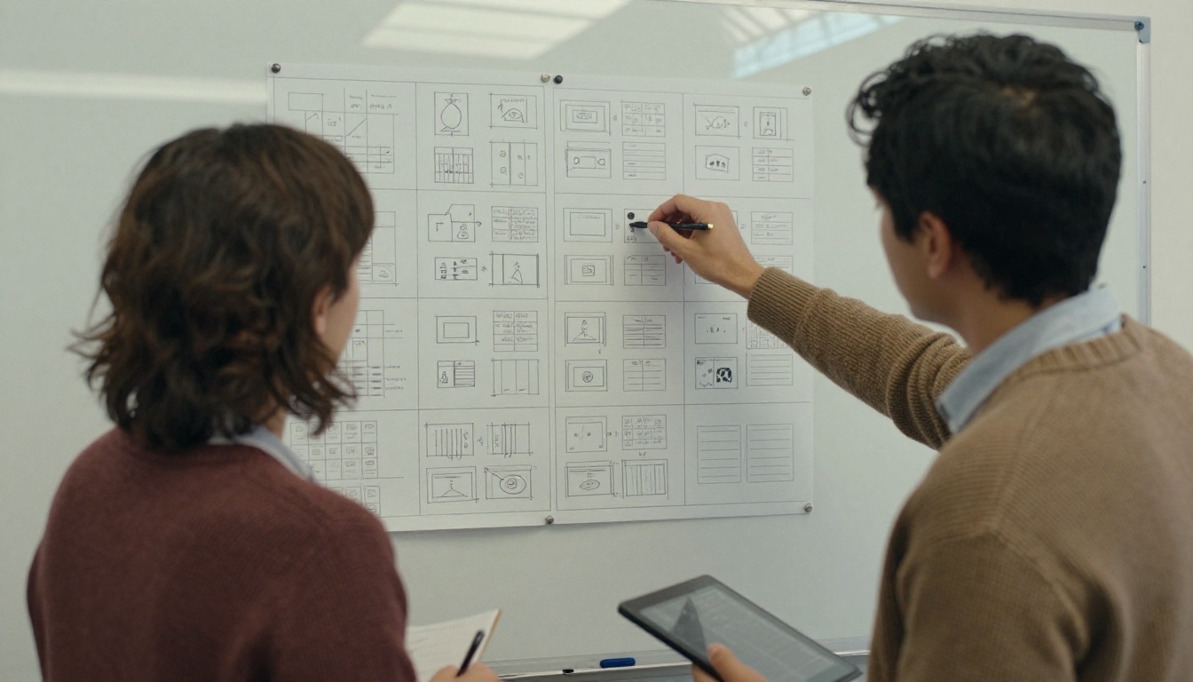 Two colleagues reviewing a printed storyboard pinned on a whiteboard in a small production office
