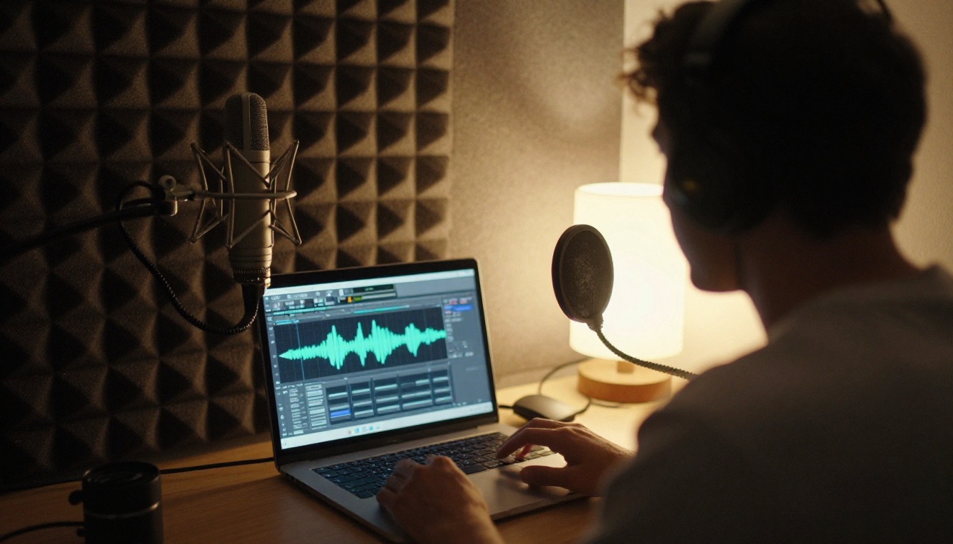 A narrator recording a voiceover in a small treated home booth with a pop filter and condenser microphone