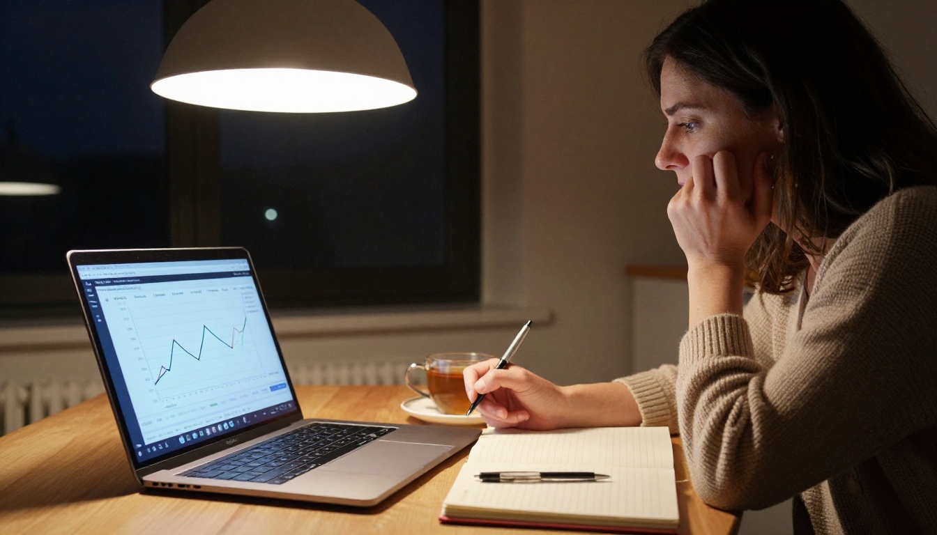 A woman at a kitchen table late in the evening looking at a channel analytics dashboard with a pen to her lips
