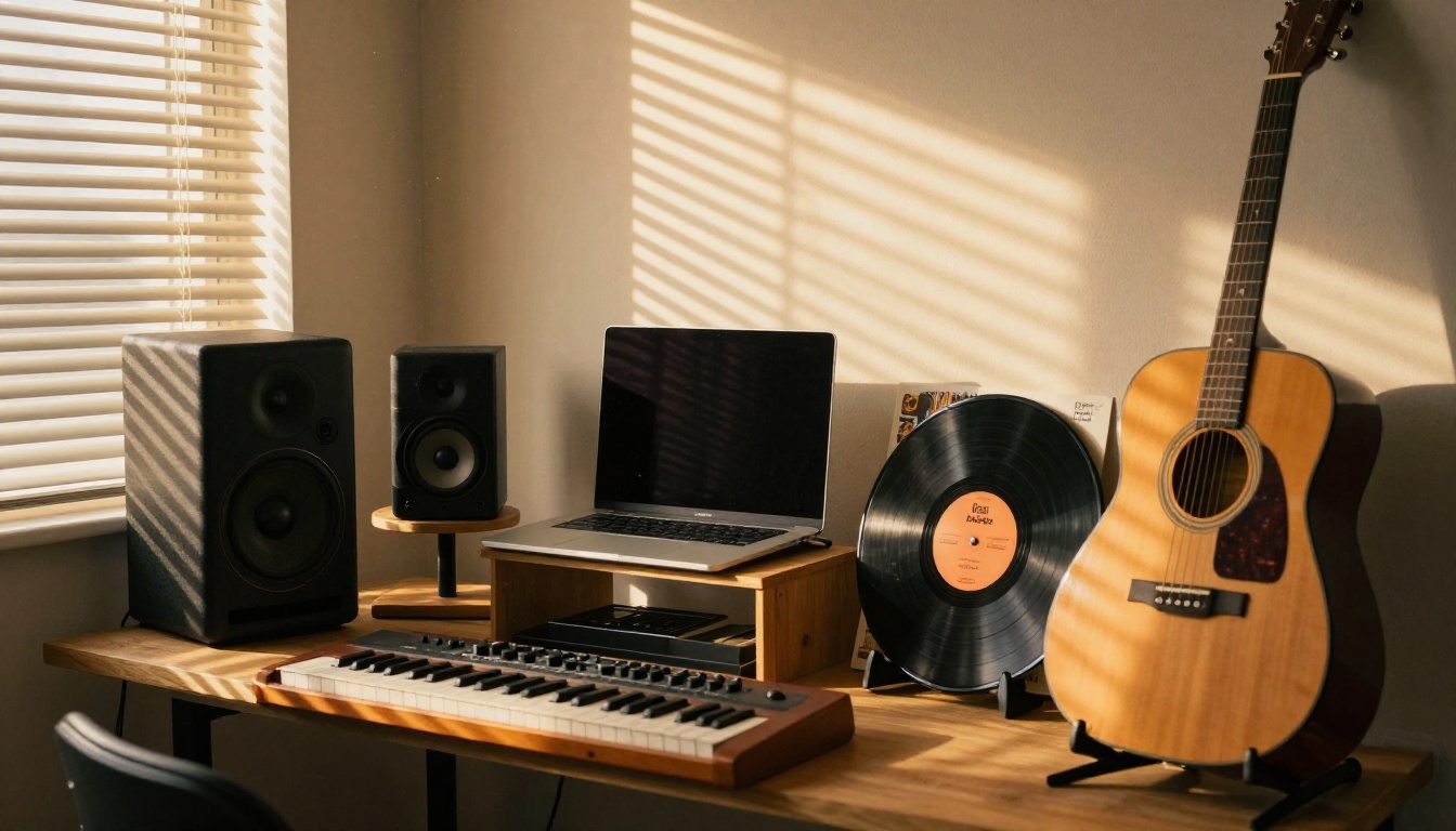A small music production corner with studio monitor speakers, a MIDI controller, a laptop and an acoustic guitar in golden hour light