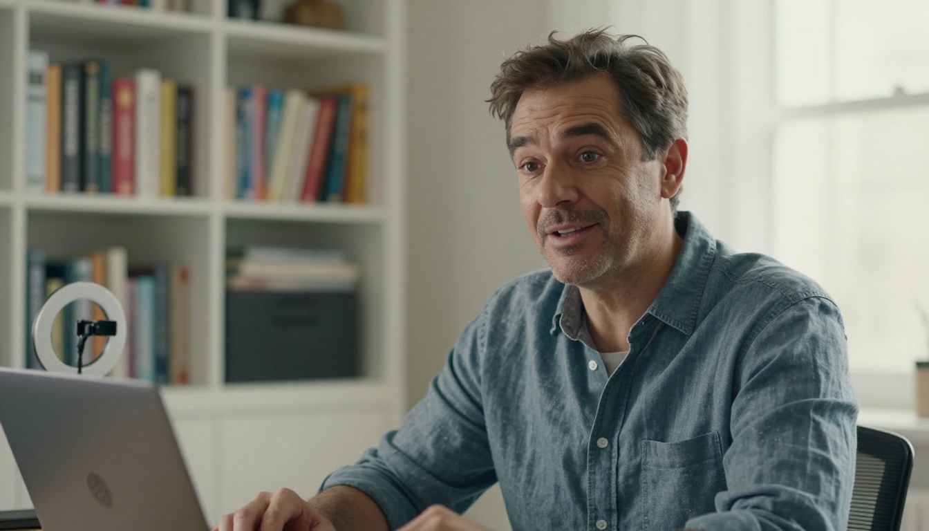 A confident man in his forties speaking to a camera in a bright home office with real books on the shelf behind him