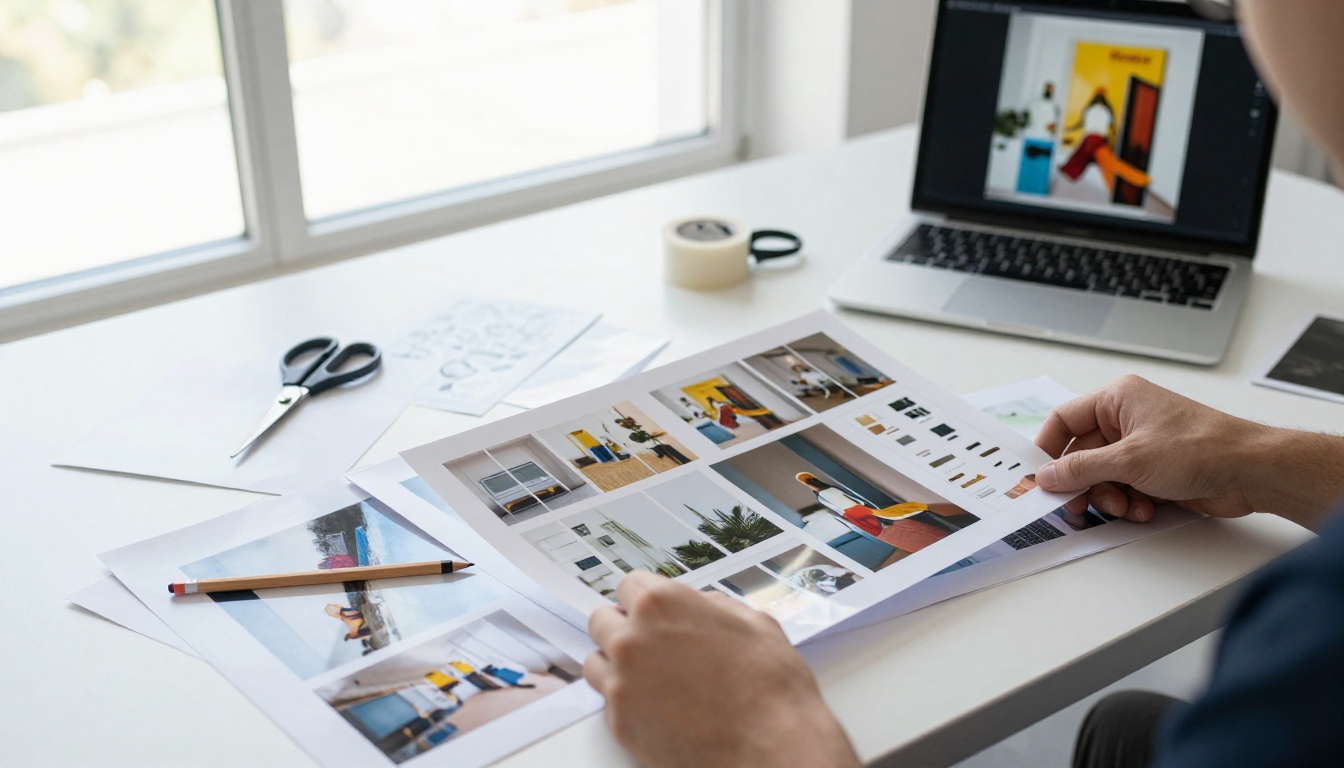 A creator's hands sorting printed storyboard frames on a white table beside a laptop showing a gallery of generated images
