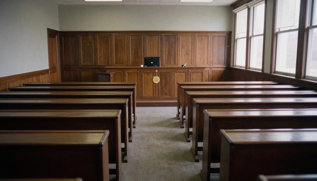 Empty federal courtroom with oak benches and morning light through tall windows